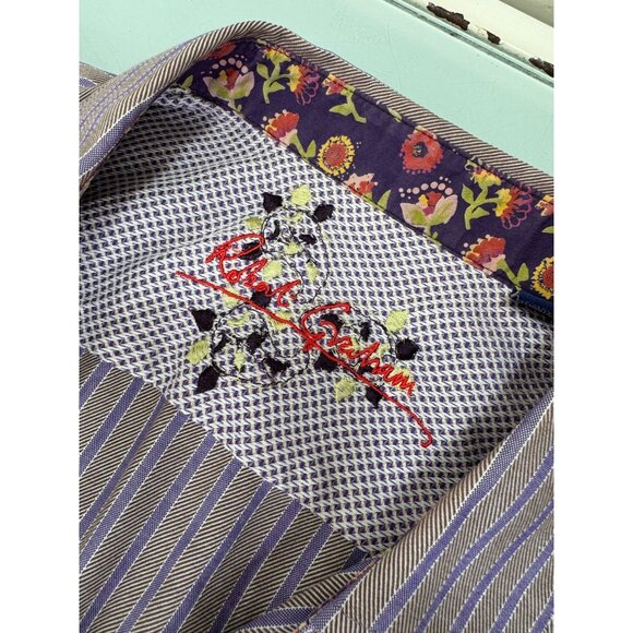 Robert Graham Shirt Mens XL Flip Cuff Floral Purple Button Up Long Sleeve - Picture 2 of 8